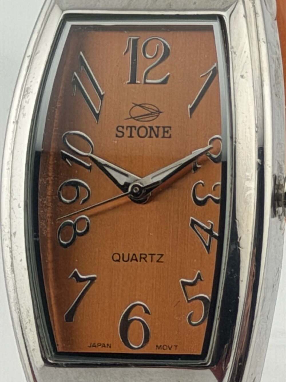 BOGO!-Stone Quartz Watch Orange Bangle Cuff White Dial Silver Tone NEW BATTERY